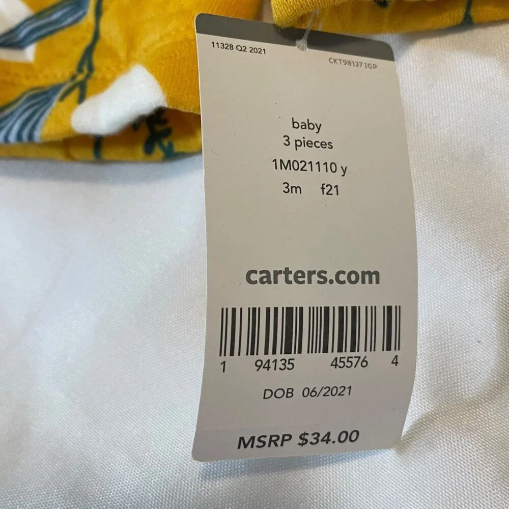 Baby Girls Carters Quilted Hooded Jacket 3M Yellow Floral Cotton Blend - Picture 7 of 8